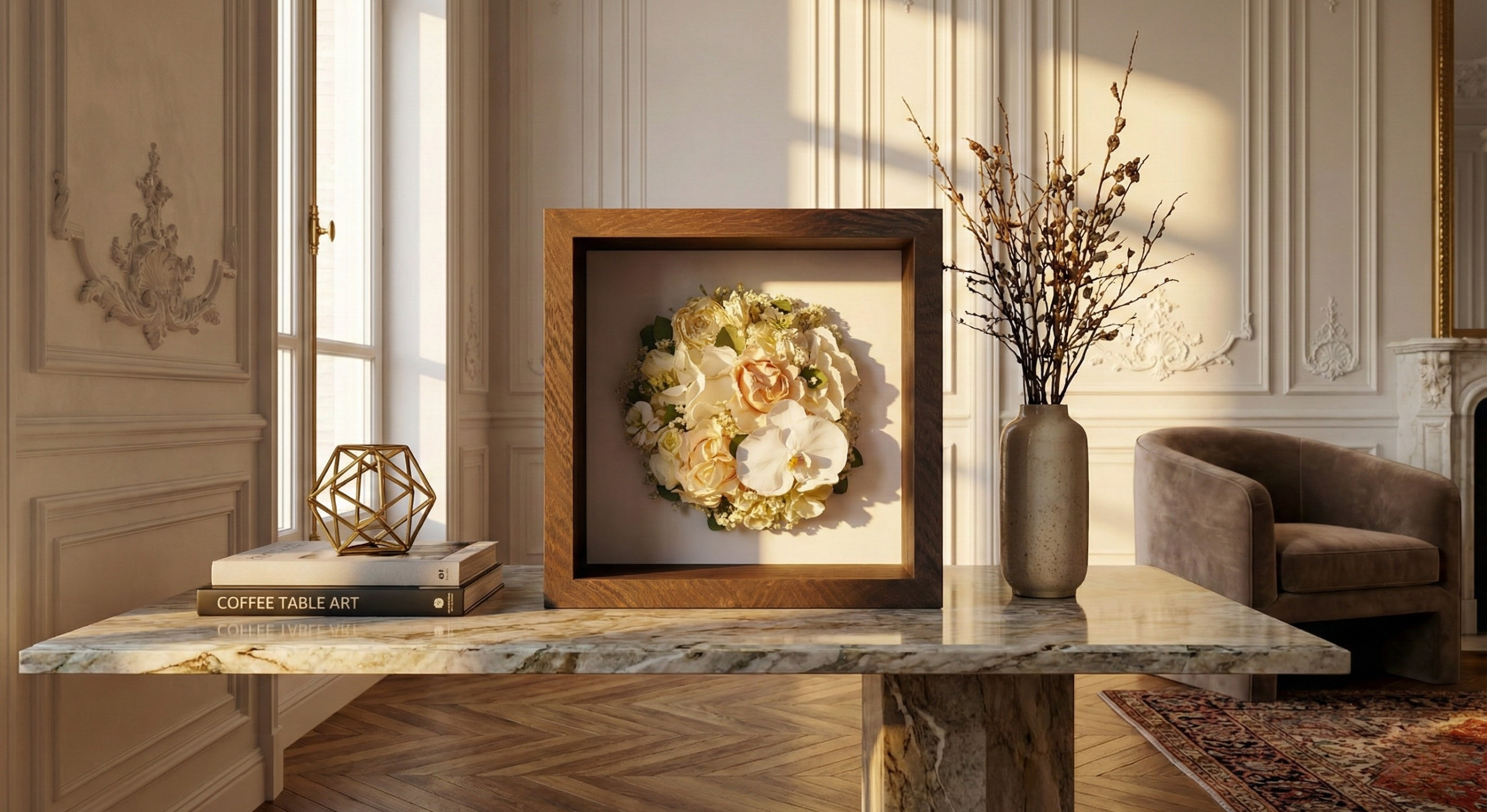 Cadre conservation bouquet mariée décoration luxe intérieur