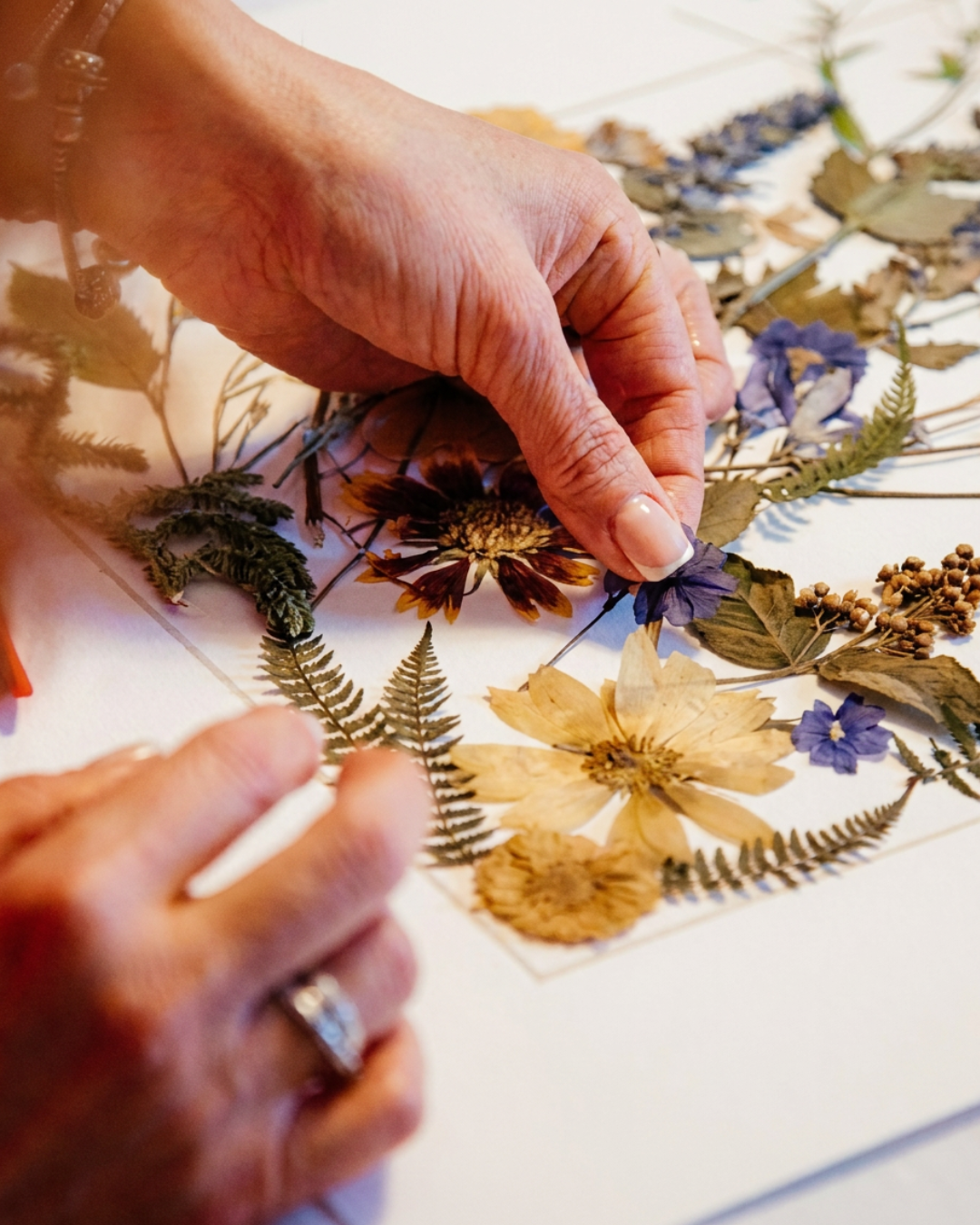 Création d'une oeuvre florale pressée — L'Éveil Floral Les Joyaux Purs